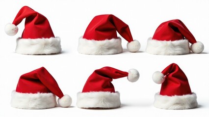 Six festive Santa hats with red and white stripes, suitable for Christmas or holiday season use