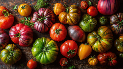 colorful heirloom tomatoes on rustic table
