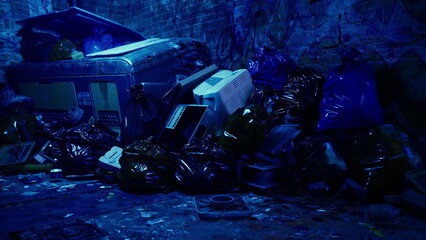 In a dimly lit alley during twilight, black garbage bags overflow near an old van. Broken electronics and scattered litter create an unsettling yet artistic scene of urban neglect.