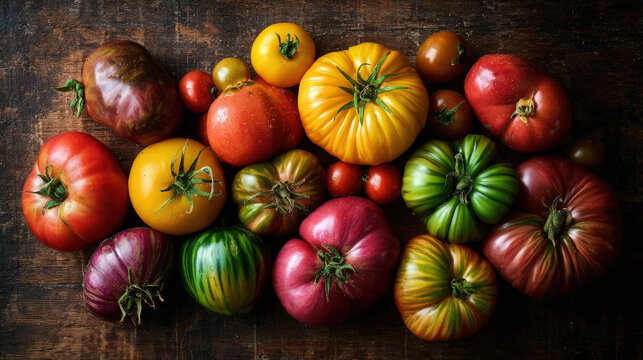 colorful heirloom tomatoes on rustic table - Powered by Adobe