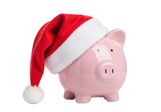 Piggy bank wearing a santa hat isolated on transparent background