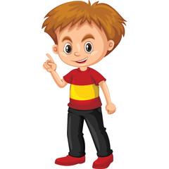 Cartoon Boy with Brown Hair Wearing a Red and Yellow T-shirt and Black Pants Pointing Upwards with a White Background