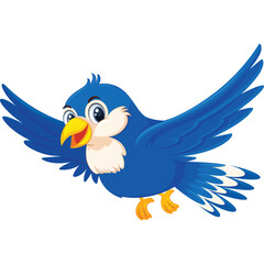 Cartoon Blue Bird Flying With Open Beak and White Tipped Wings On Transparent Background