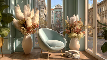 Elegant Interior with Pampas Grass and City View.