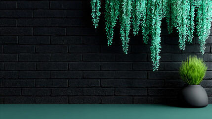 Elegant Interior with Black Brick Wall Greenery and Modern Vase.