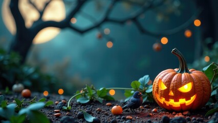 A seasonal pumpkin sits atop a green field, perfect for Halloween decorations or autumn-themed designs