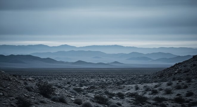 Vast desert landscape with layered mountain ranges in the distance. Atmospheric perspective with hazy blue tones and deep shadows. Arid wilderness and rocky terrain. Concept of solitude