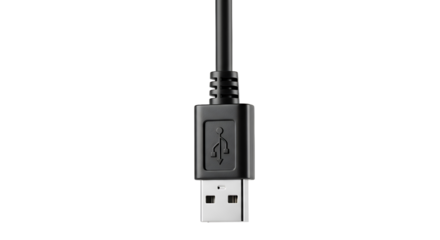 Closeup of a black usb cable connector with usb symbol, isolated on transparent background
