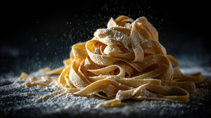 uncooked fettuccine pasta dusted with flour on dark background