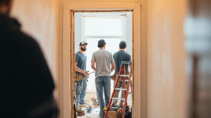 A group of workers focuses on remodeling a bright room, surrounded by renovation equipment and natural light. The atmosphere reflects productivity and contemporary home upgrades