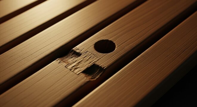 Woodworking craftsmanship concept with timber planks. Detailed macro of a mortise joint imperfection. Natural material processing and carpentry. Abstract design with diagonal lines