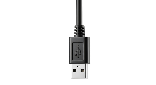 Closeup of a black usb cable connector with usb symbol, isolated on transparent background