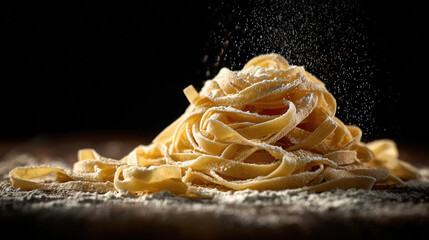 uncooked fettuccine pasta dusted with flour on dark background