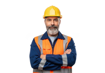 Mature bearded man wearing yellow hard hat and high visibility vest with arms crossed isolated on transparent background