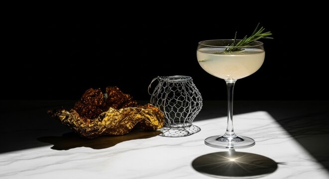 Artisanal cocktail with rosemary garnish in a coupe glass. Modern mixology concept with dramatic lighting. Luxury beverage presentation for a sophisticated bar or restaurant menu
