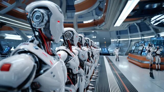 Technological Sentinels: A futuristic scene showcasing a regiment of advanced robots, aligned in a state-of-the-art laboratory, embodying innovation and the future of technology.