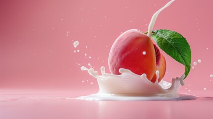 Fresh peach splashing into milk on a pink background creating vibrant and refreshing visual appeal for food photography