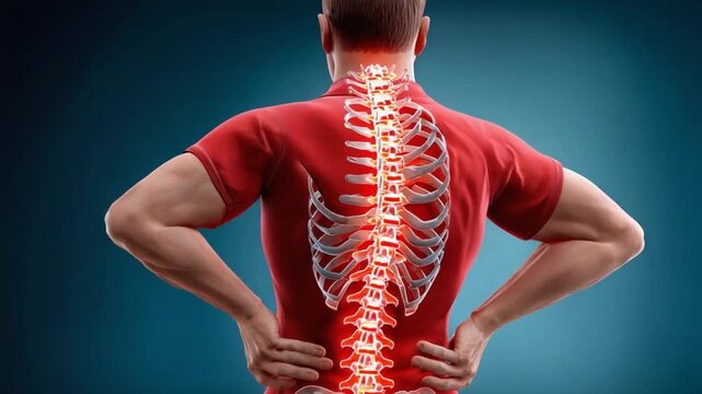 Spinal Alignment and Body's Aches: The depiction of a male figure, showcasing the backbone highlighted with a red glow, offering a striking representation of skeletal structure.