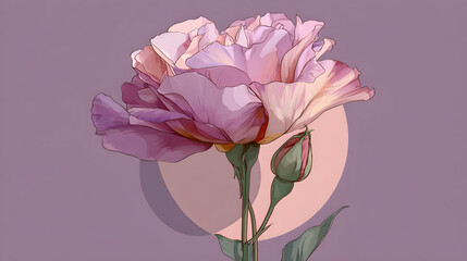 Elegant Pink Lisianthus Blossom with Geometric Circle on Mauve Background.