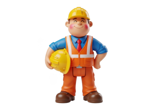 Cartoon construction worker character holding yellow hard hat wearing orange overalls blue shirt and red tie isolated on transparent background