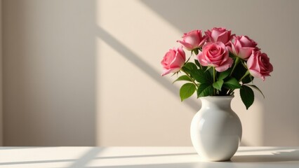 Fresh pink roses in a white ceramic vase, suitable for decorative purposes or as a gift
