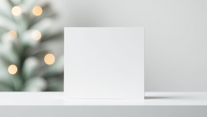 A festive holiday scene with a blank card sitting next to a decorated Christmas tree