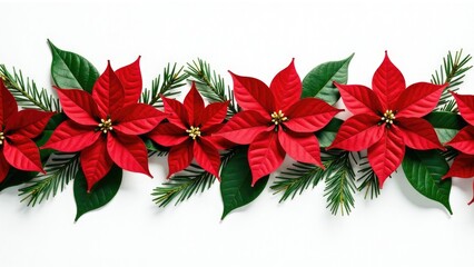 A row of bright red poinsettias surrounded by lush green leaves