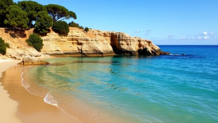A serene beach scene with a cliff as a backdrop, perfect for representing calmness and tranquility
