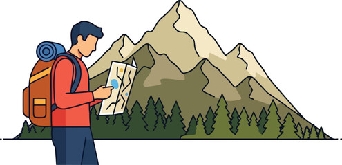 Illustration of a hiker with a backpack looking at a map in front of mountains and a forest.