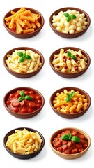 Various types of pasta served in colorful bowls, perfect for food or lifestyle concept images