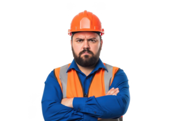 Serious bearded construction worker wearing orange hard hat and reflective safety vest arms crossed isolated on transparent background