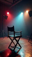 A director's chair sits in a dimly lit room, perfect for film sets or photography studios