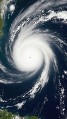 A satellite image showing a powerful hurricane in the open ocean, with strong winds and stormy weather