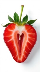Fresh strawberry cut in half on a white surface, suitable for food photography or illustration