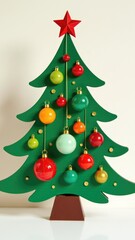 A traditional wooden Christmas tree decorated with colorful ornaments and lights