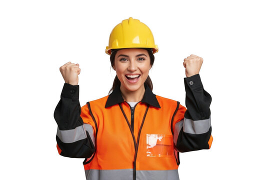 Excited female construction worker wearing hard hat and safety vest celebrating success isolated on transparent background
