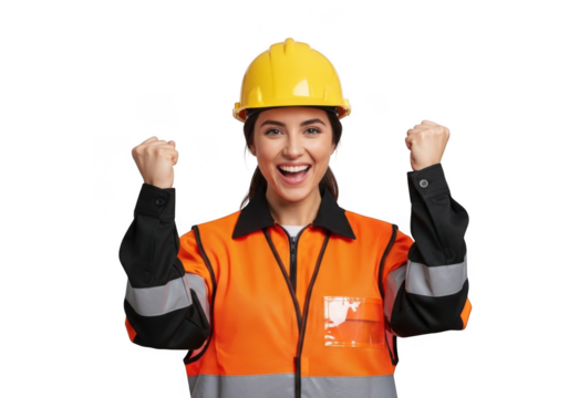 Excited female construction worker wearing hard hat and safety vest celebrating success isolated on transparent background