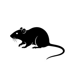 A black silhouette of a rat with its tail curled, set against a white background.