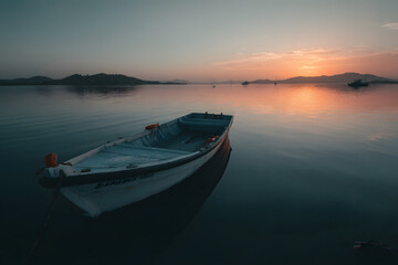 Naklejka premium a boat is sitting in the water at sunset