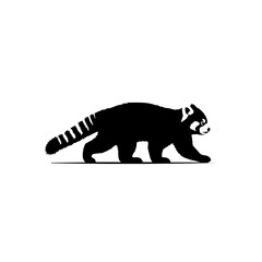 Fototapeta premium Black silhouette of a red panda walking on a white background, side view, graphic illustration.
