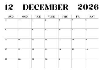 Printable Minimalist Monthly Calendar Template for December 2026 in Landscape Format. Monthly Calendar Planner Template for 2026. Week Starts on Sunday. 