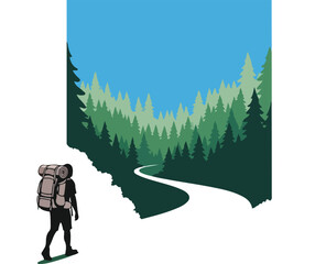 A lone hiker with a large backpack walks towards a winding path leading into a dense green forest under a blue sky.