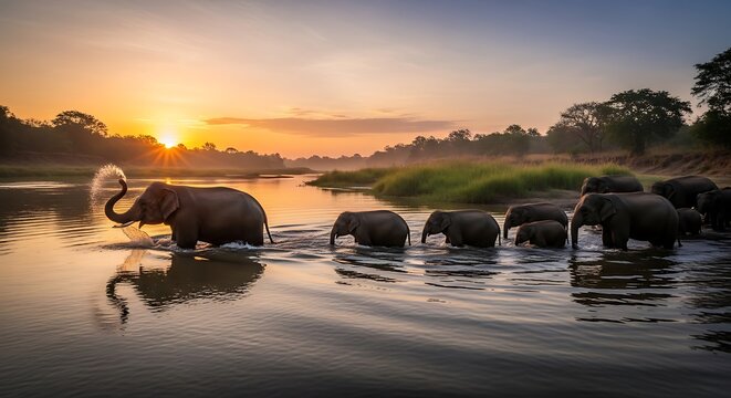 Herd of elephants crossing river at sunset dramatic wildlife scene - Powered by Adobe