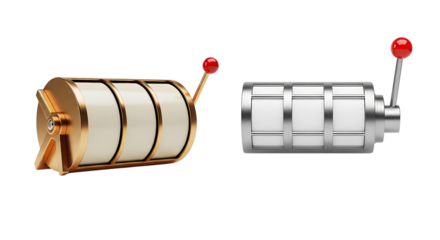 Two slot machine reels, one gold and one silver, isolated on transparent background