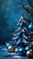 A festive Christmas tree decorated with blue and silver ornaments, perfect for holiday scenes or winter wonderland themes