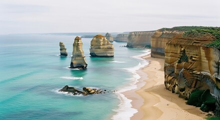 Dramatic coastal landscape with limestone sea stacks. Famous Australian travel destination. Scenic ocean view with rugged cliffs and turquoise water. Natural wonder for tourism and exploration