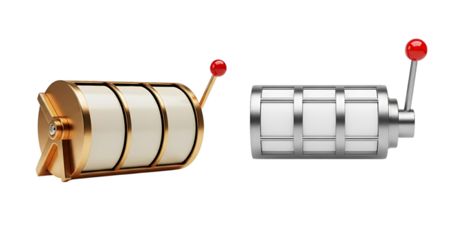 Two slot machine reels, one gold and one silver, isolated on transparent background