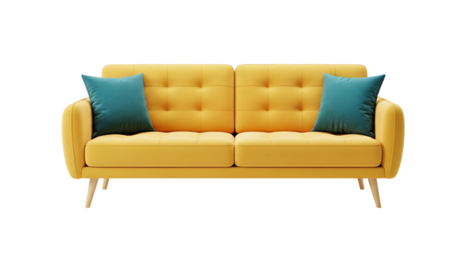 Modern yellow sofa with two teal cushions, isolated on transparent background - Powered by Adobe