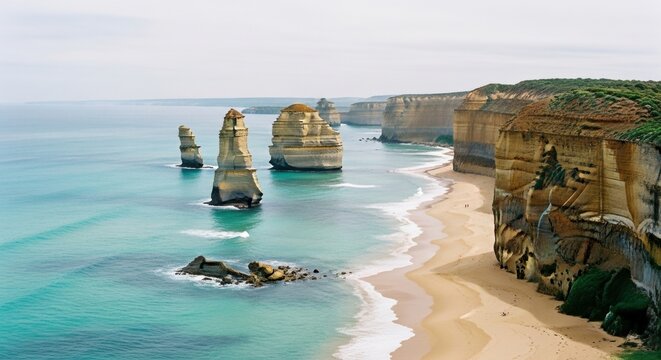 Dramatic coastal landscape with limestone sea stacks. Famous Australian travel destination. Scenic ocean view with rugged cliffs and turquoise water. Natural wonder for tourism and exploration