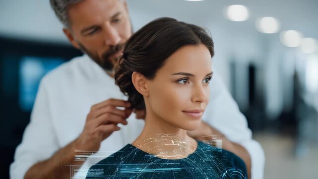 A woman with closed eyes enjoys a relaxing hairstyling session as a stylist perfects her sophisticated updo in a bright, contemporary salon. Subtle digital graphics add a modern tech vibe